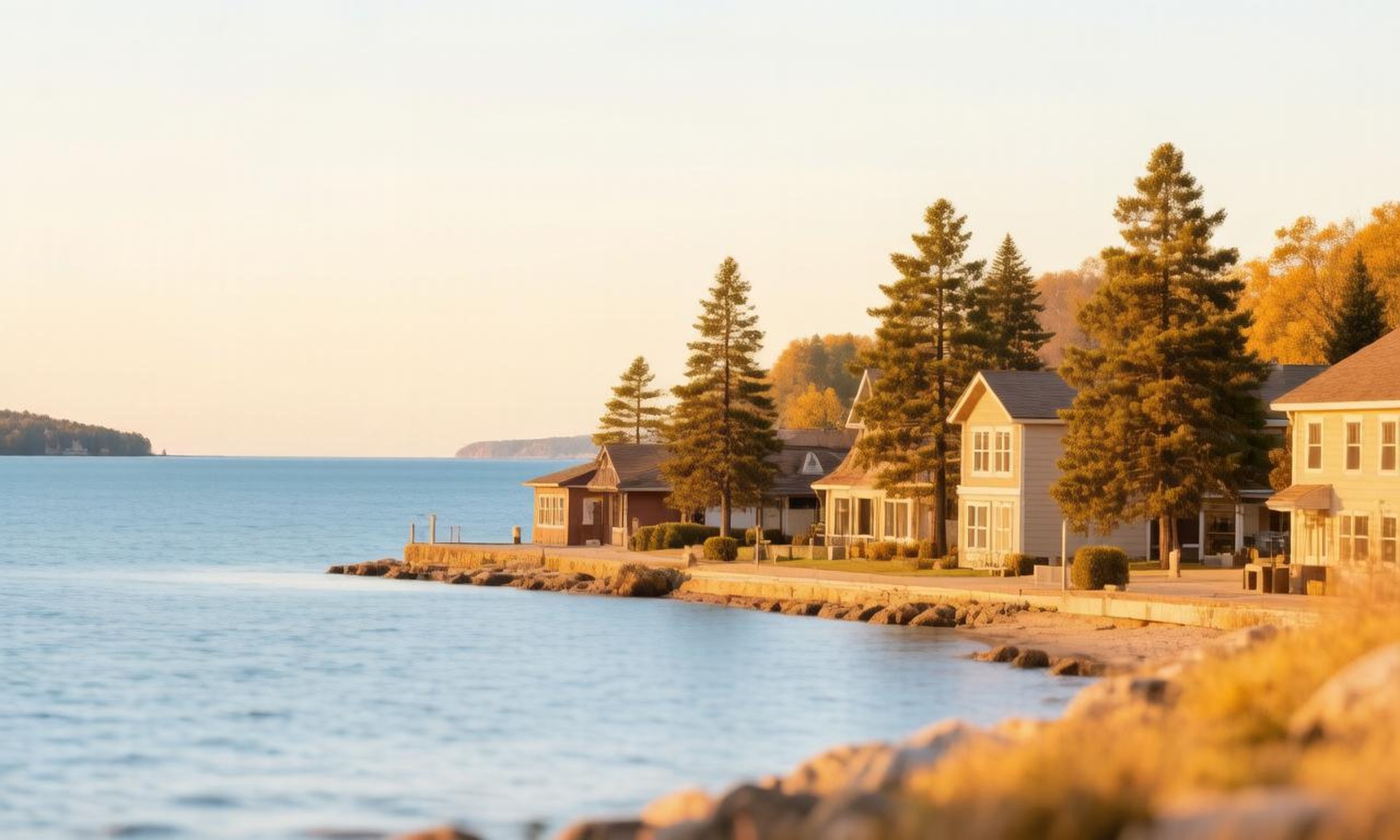 Grand Traverse Bay waterfront in Traverse City, Michigan at golden hour