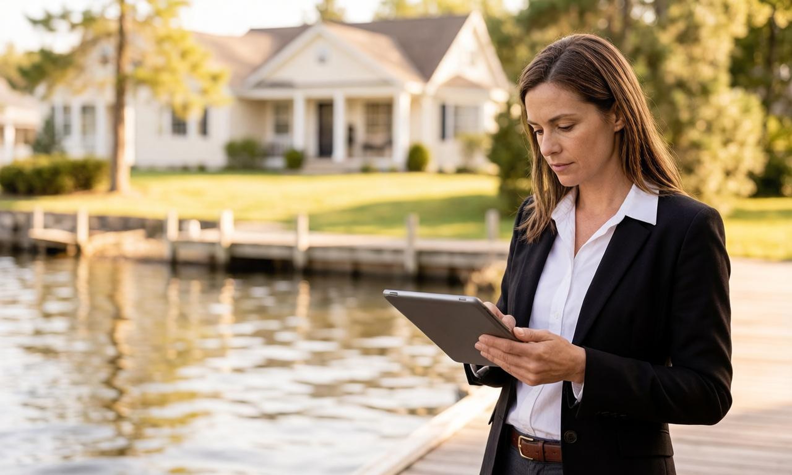 A real estate agent reviewing a tablet on a dock at a Grand Traverse Bay lakeside property in Northern Michigan