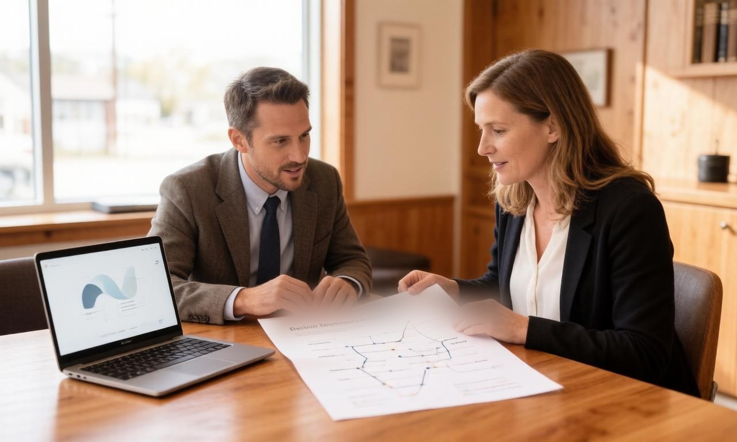 A consultant and a professional services business owner reviewing a workflow roadmap together in a Northern Michigan office