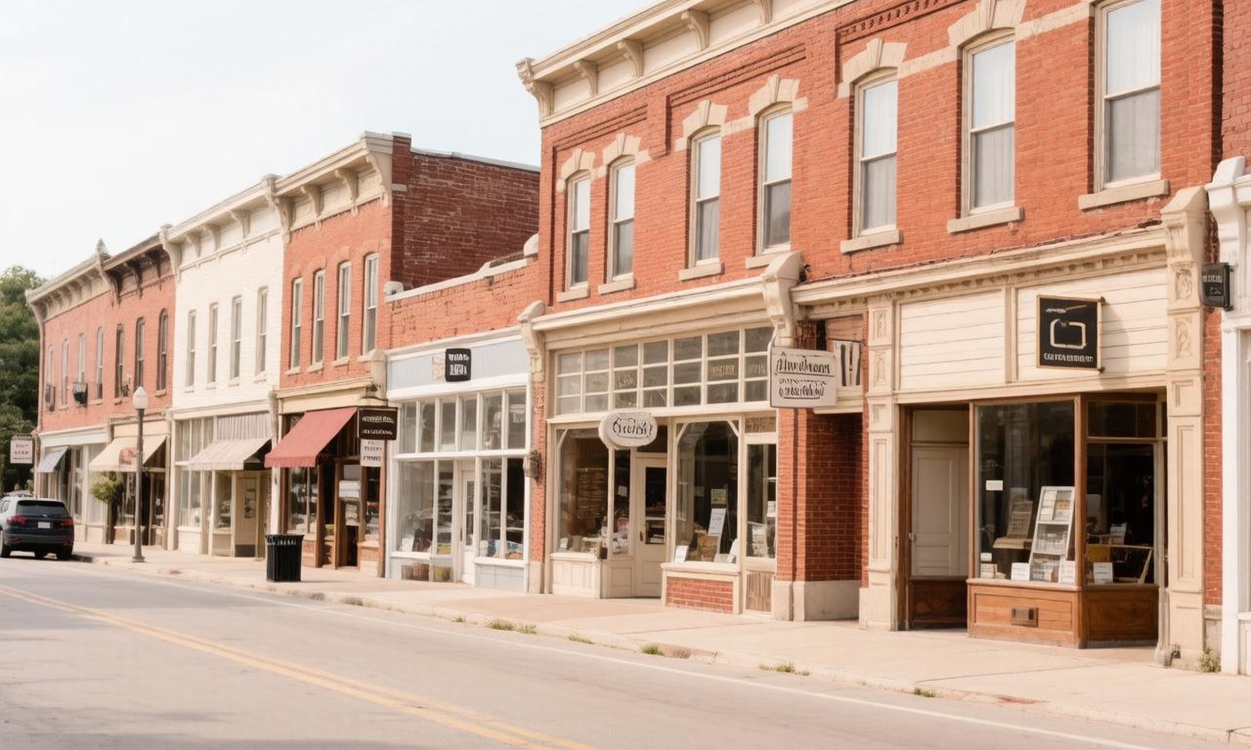 A wide view of a small-town Traverse City, Michigan downtown storefront street