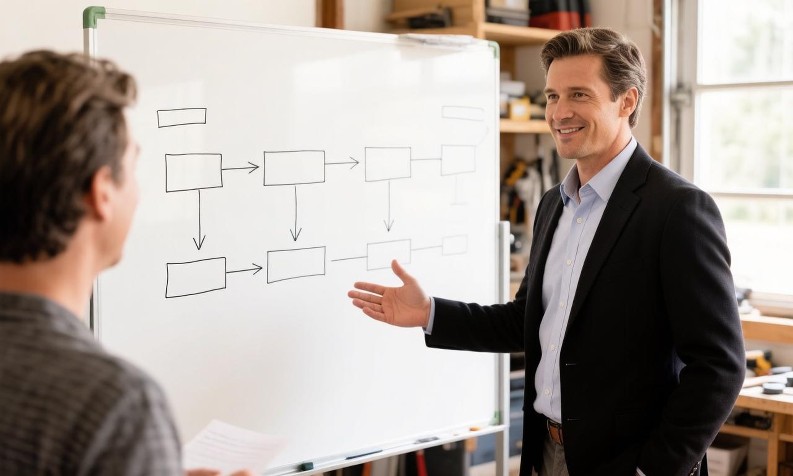 An AI process consultant walking a Northern Michigan business owner through a workflow diagram on a whiteboard in a contractor's shop