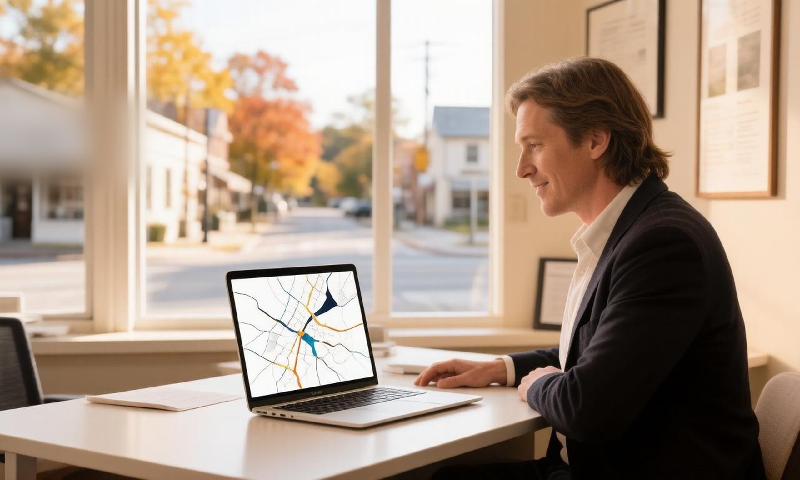 A real estate agent at a desk in a small Northern Michigan brokerage office