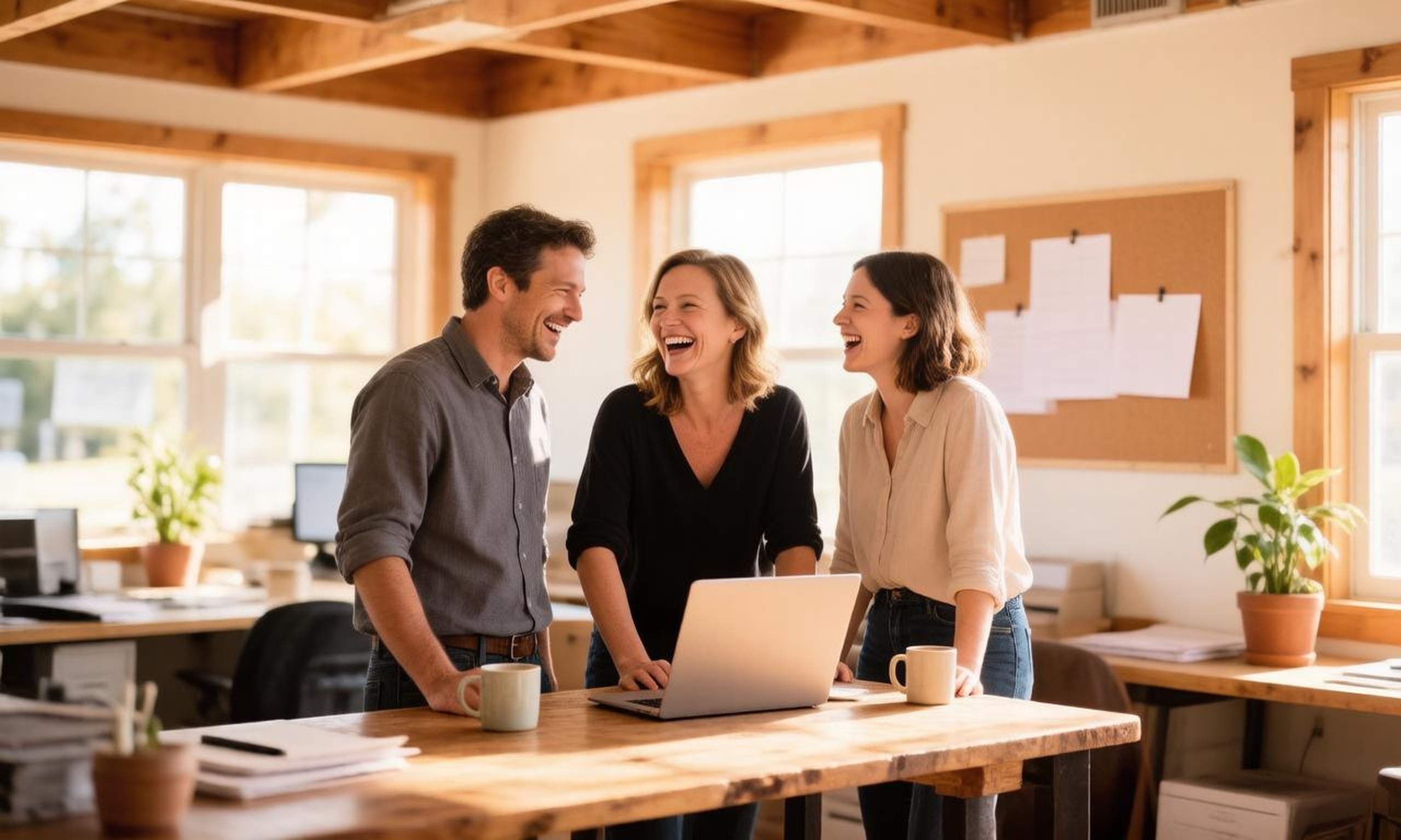 A small-business team laughing together while reviewing a laptop at a shared work table