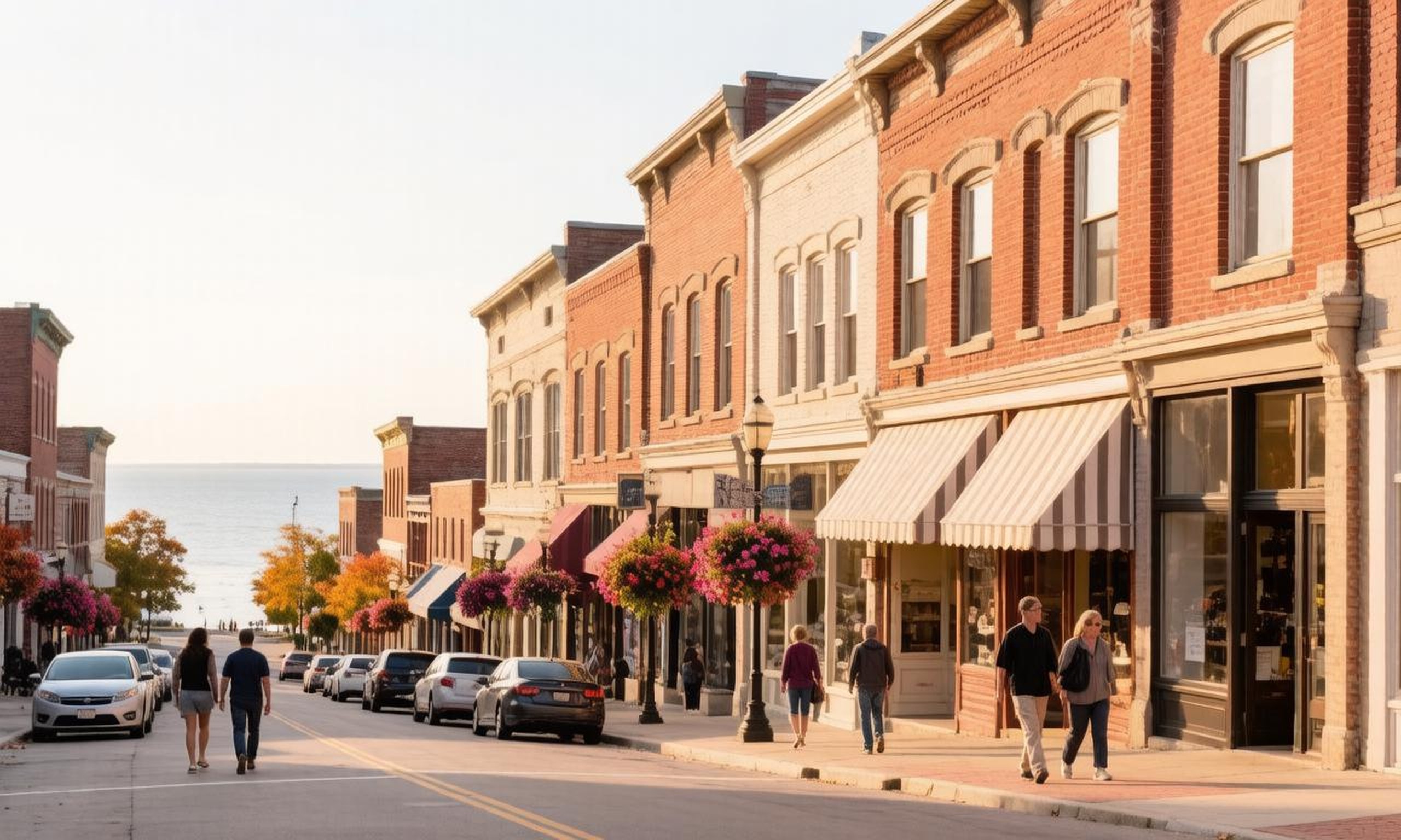 A sunlit downtown Traverse City street of brick storefronts with a view toward Grand Traverse Bay