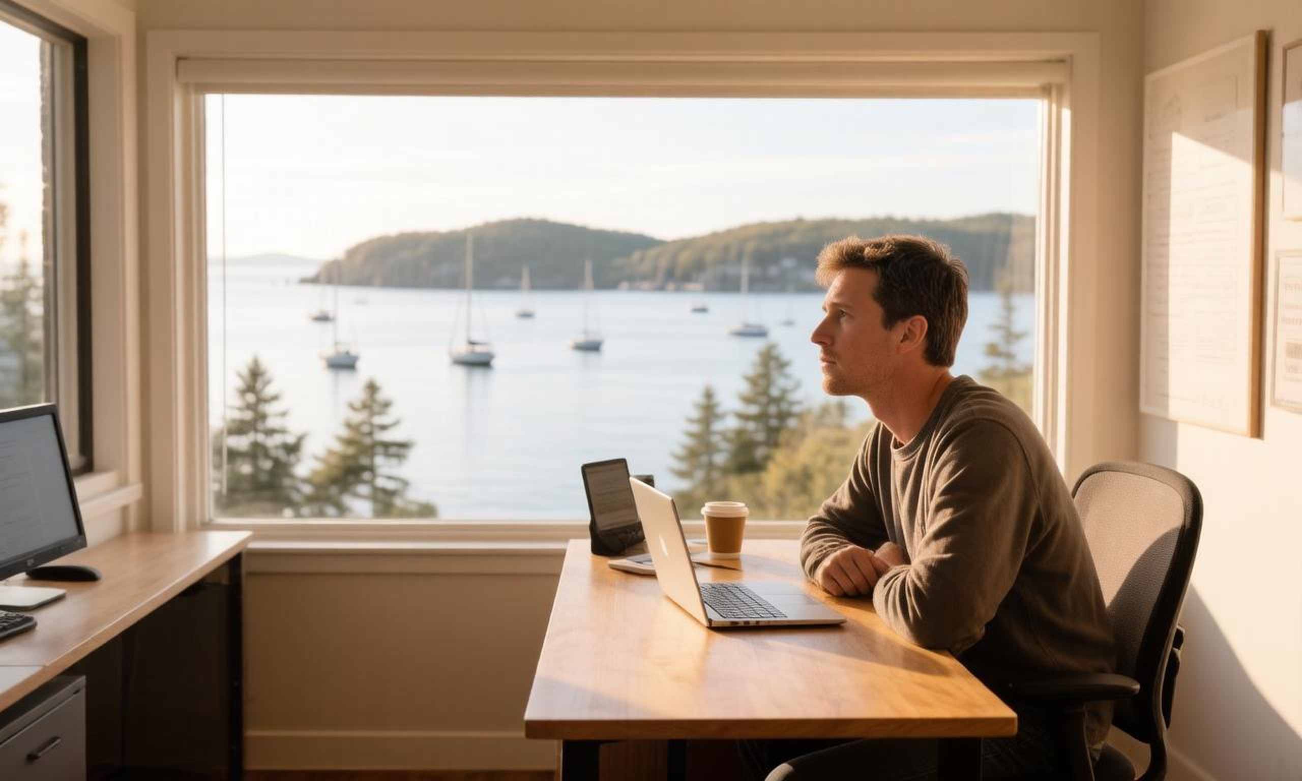 A business owner working at a desk in a Traverse City office with a window view of Grand Traverse Bay