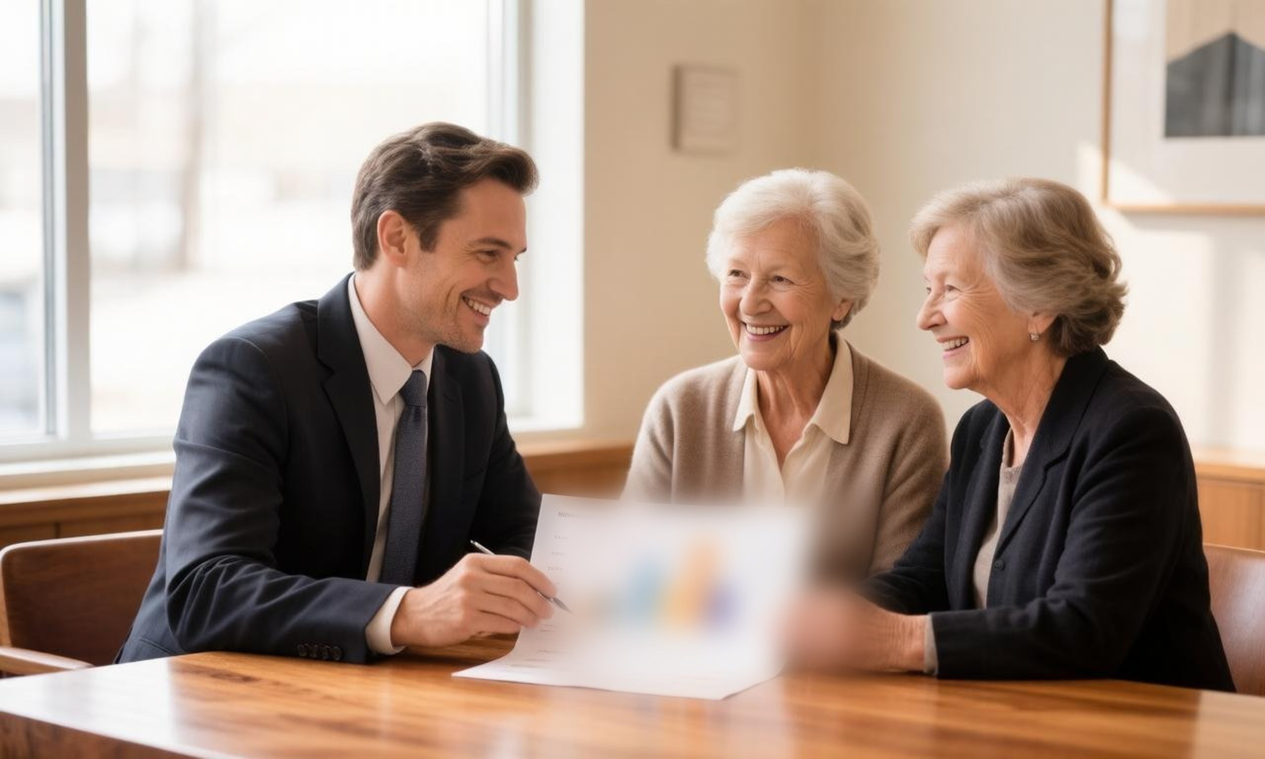 A financial advisor reviewing a report with two clients at a Northern Michigan advisory office