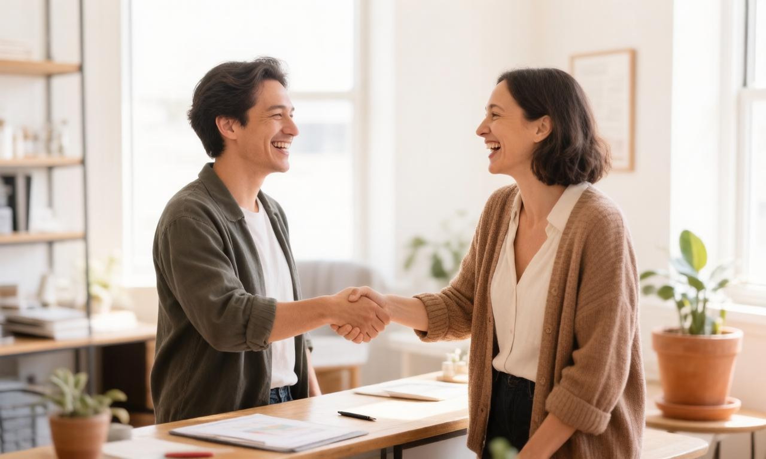 Two business owners shaking hands after a successful partnership