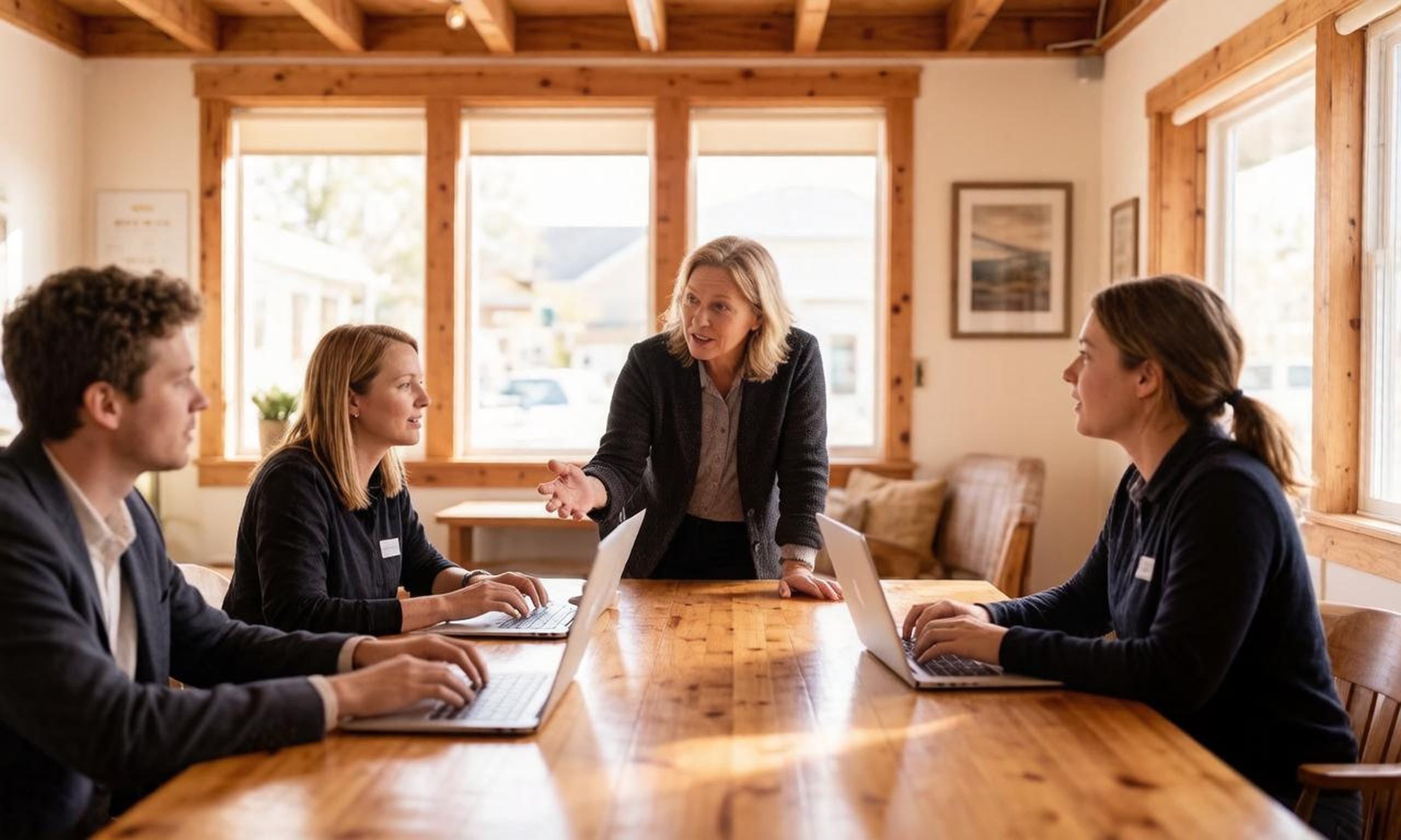 A trainer teaching a small business team to use Claude around a table