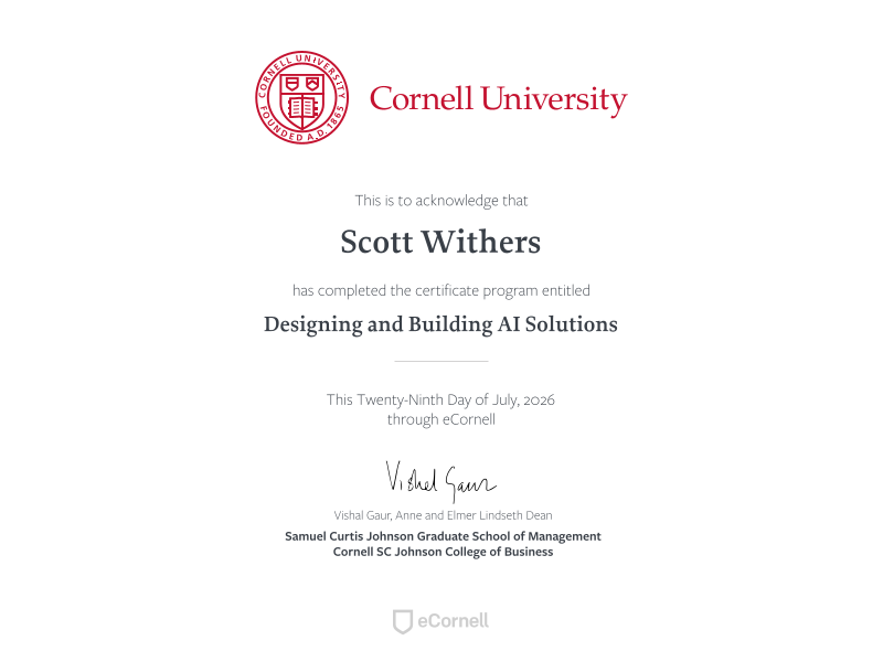 Cornell Designing and Building AI Solutions Certificate
