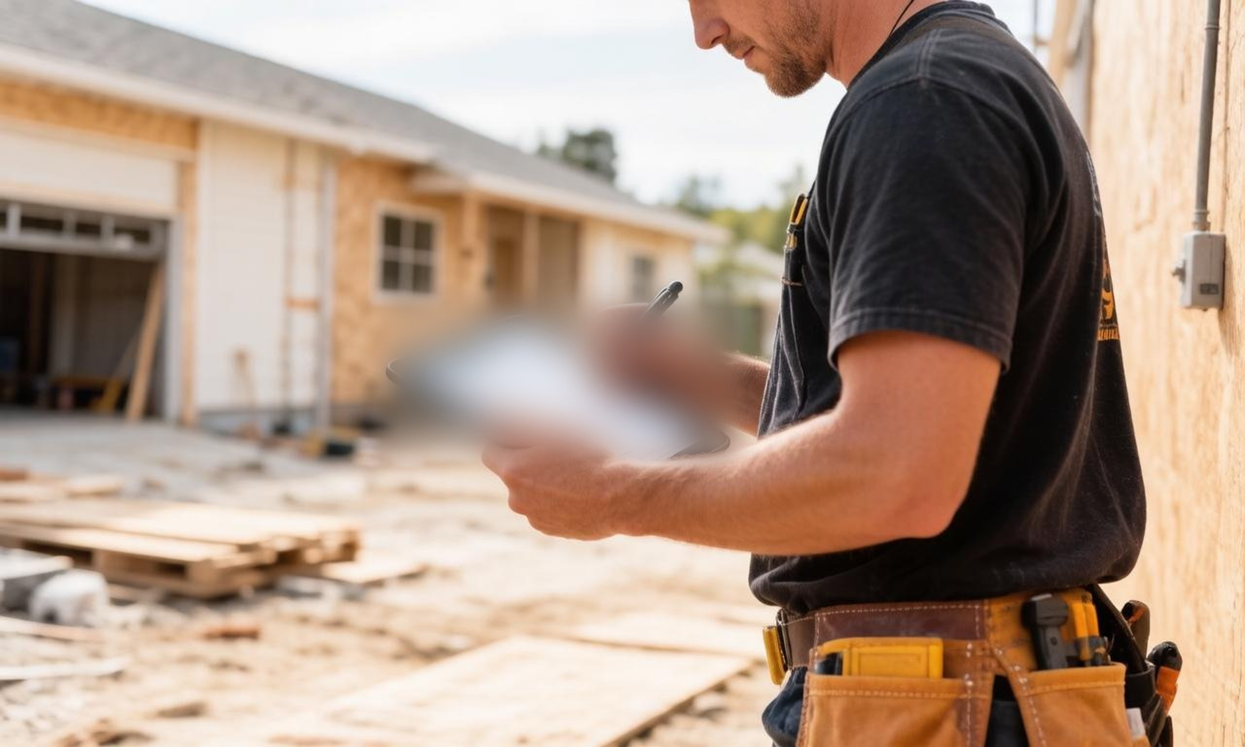 A tradesperson at a residential job site writing up a price quote on a tablet