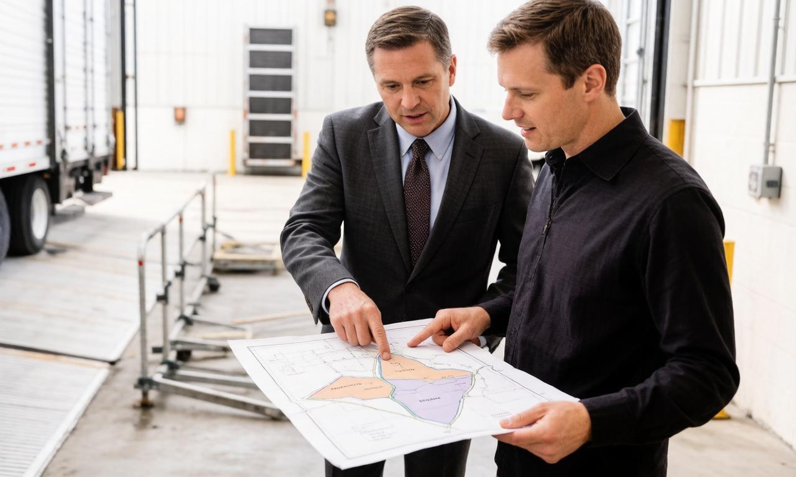 A sales manager and a new hire reviewing a territory map together