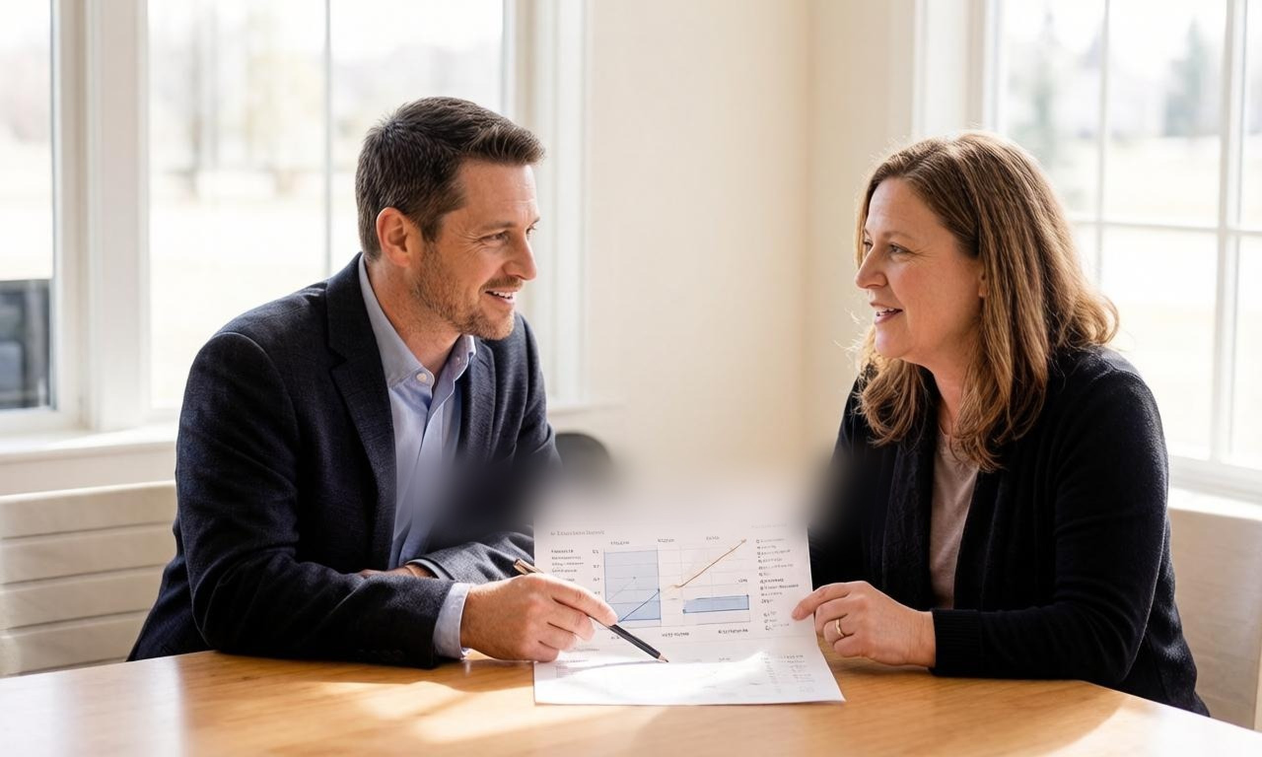 A consultant and a small business owner reviewing a printed diagnosis report and roadmap together