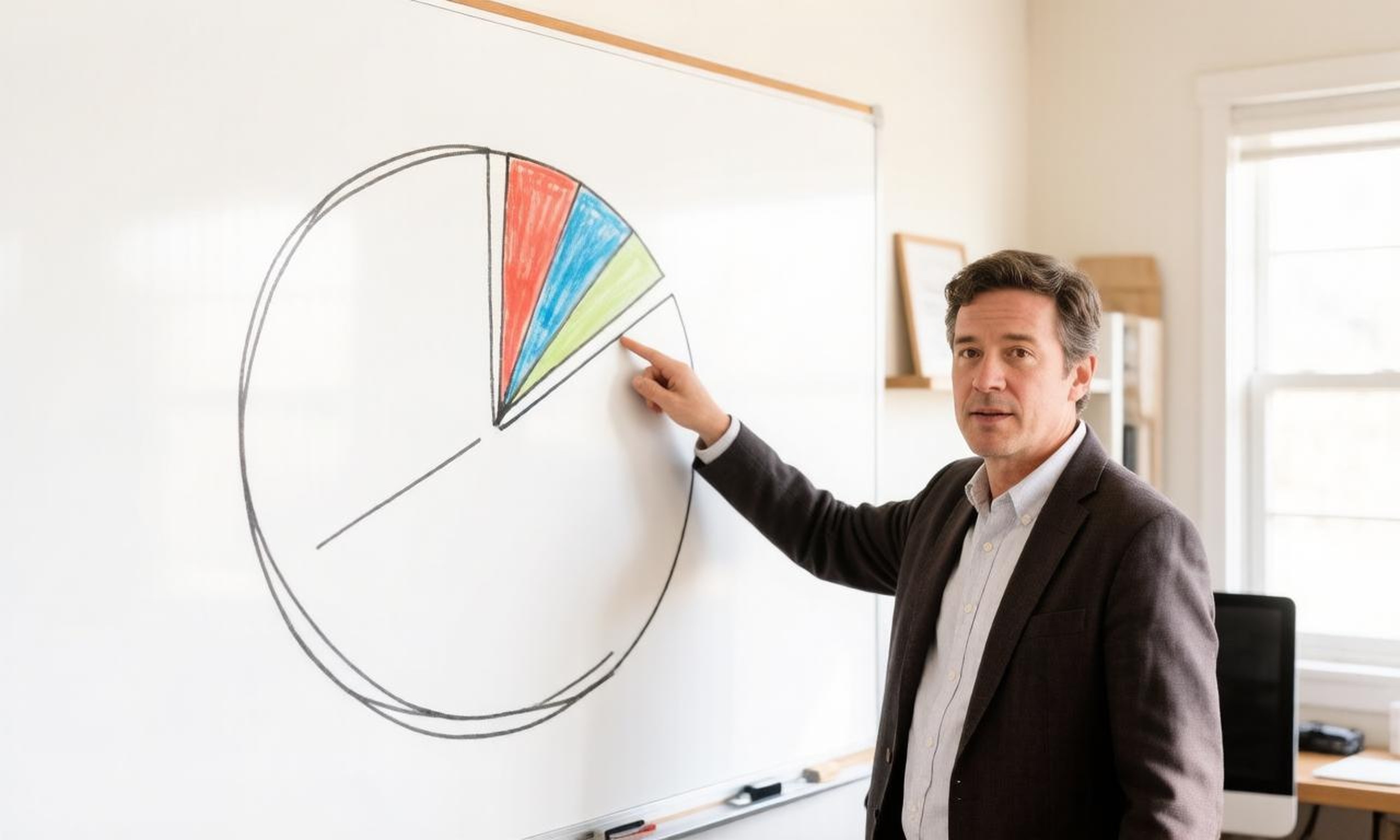 A business owner explaining customer segmentation on a whiteboard pie chart