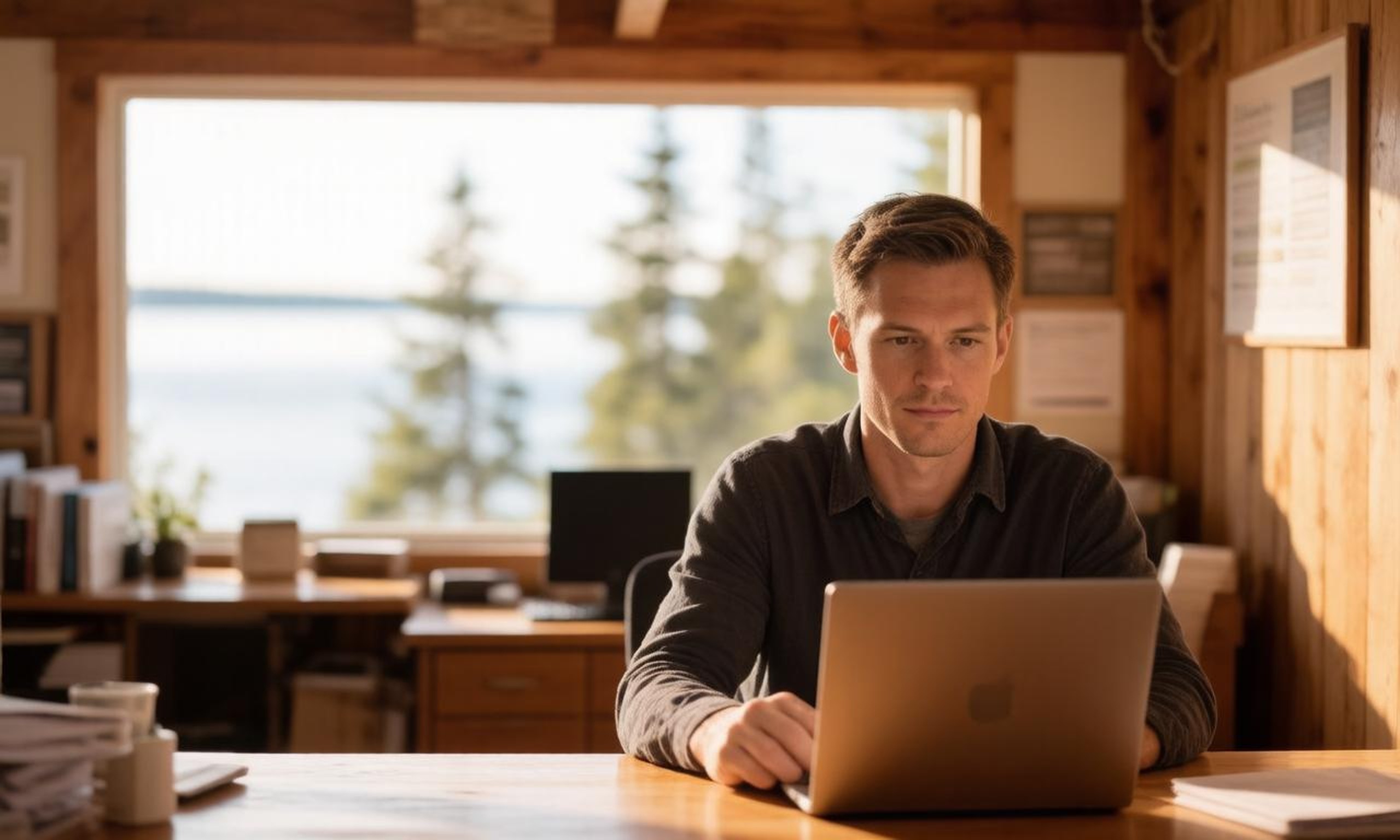 A small business employee working on a laptop in a Northern Michigan office