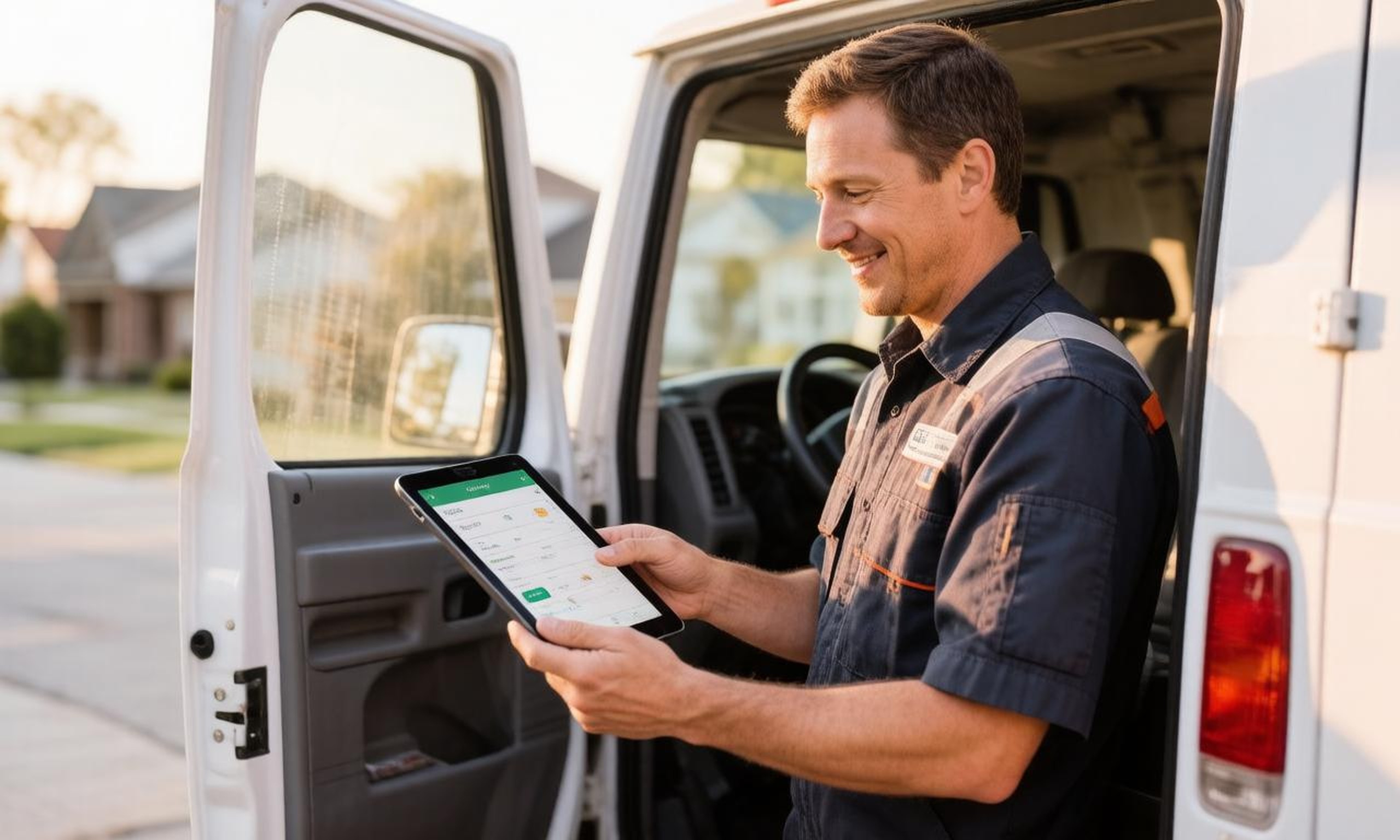 A Northern Michigan HVAC contractor checking a scheduling app on a tablet at his service van