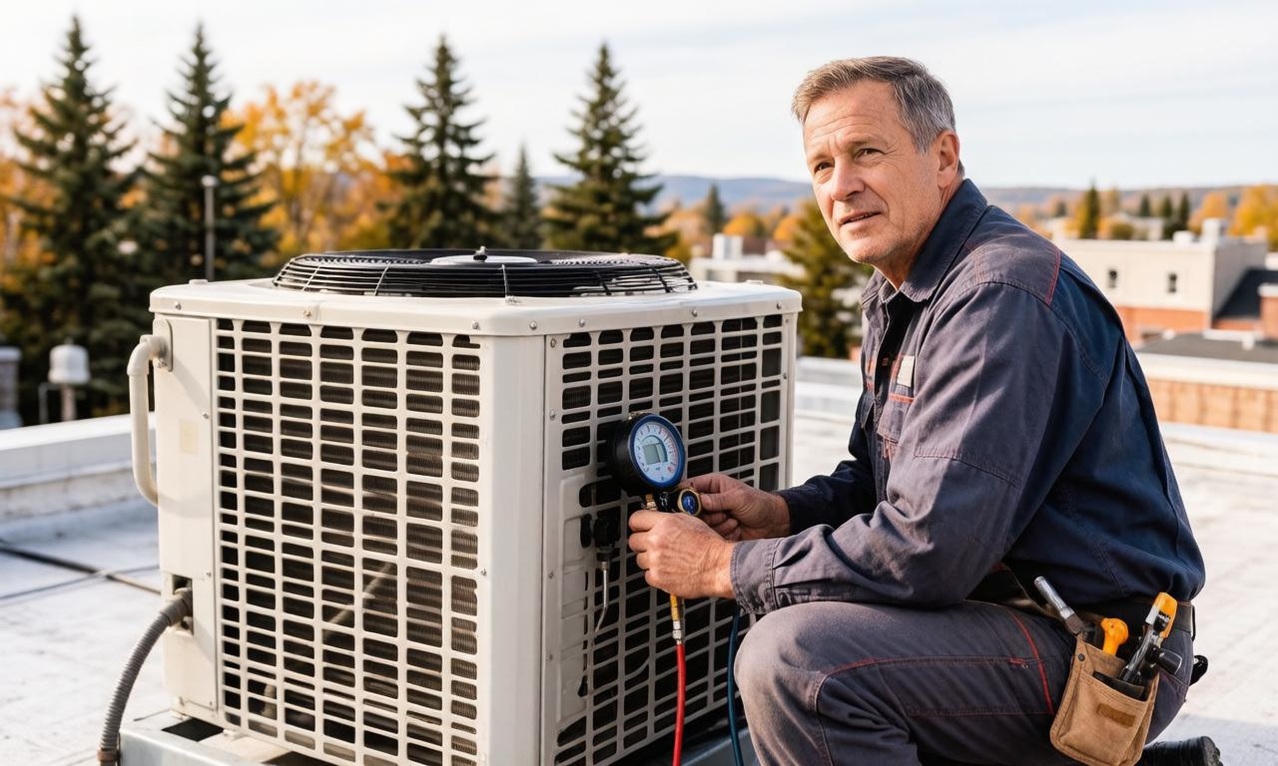 HVAC technician servicing a rooftop condenser unit in Northern Michigan