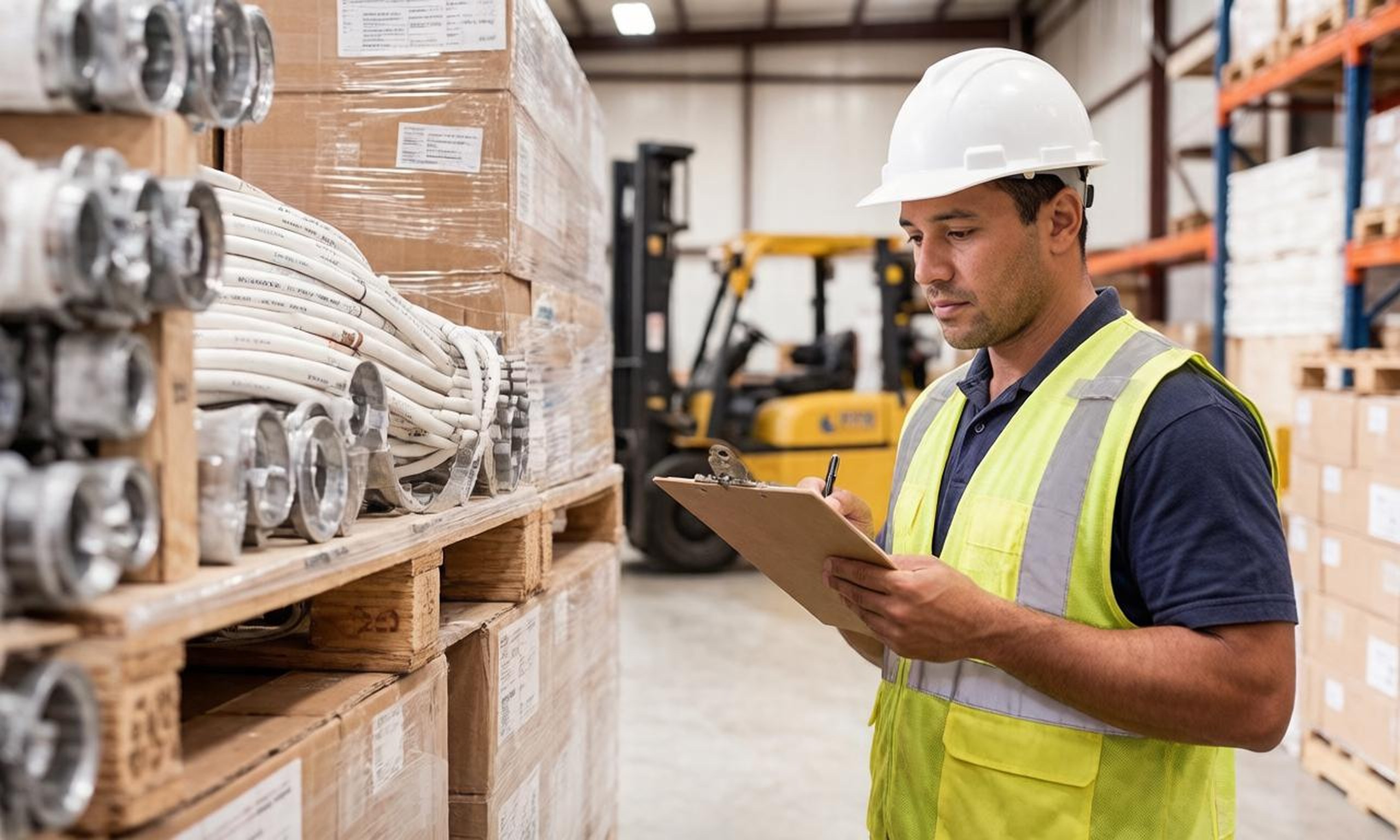 Warehouse worker checking inventory of pipe fittings and electrical conduit at a building supply distribution warehouse