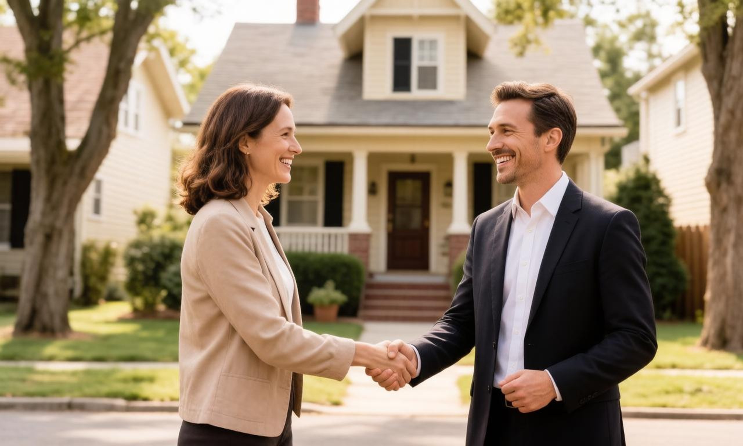 A real estate agent and a client shaking hands in front of a Michigan home
