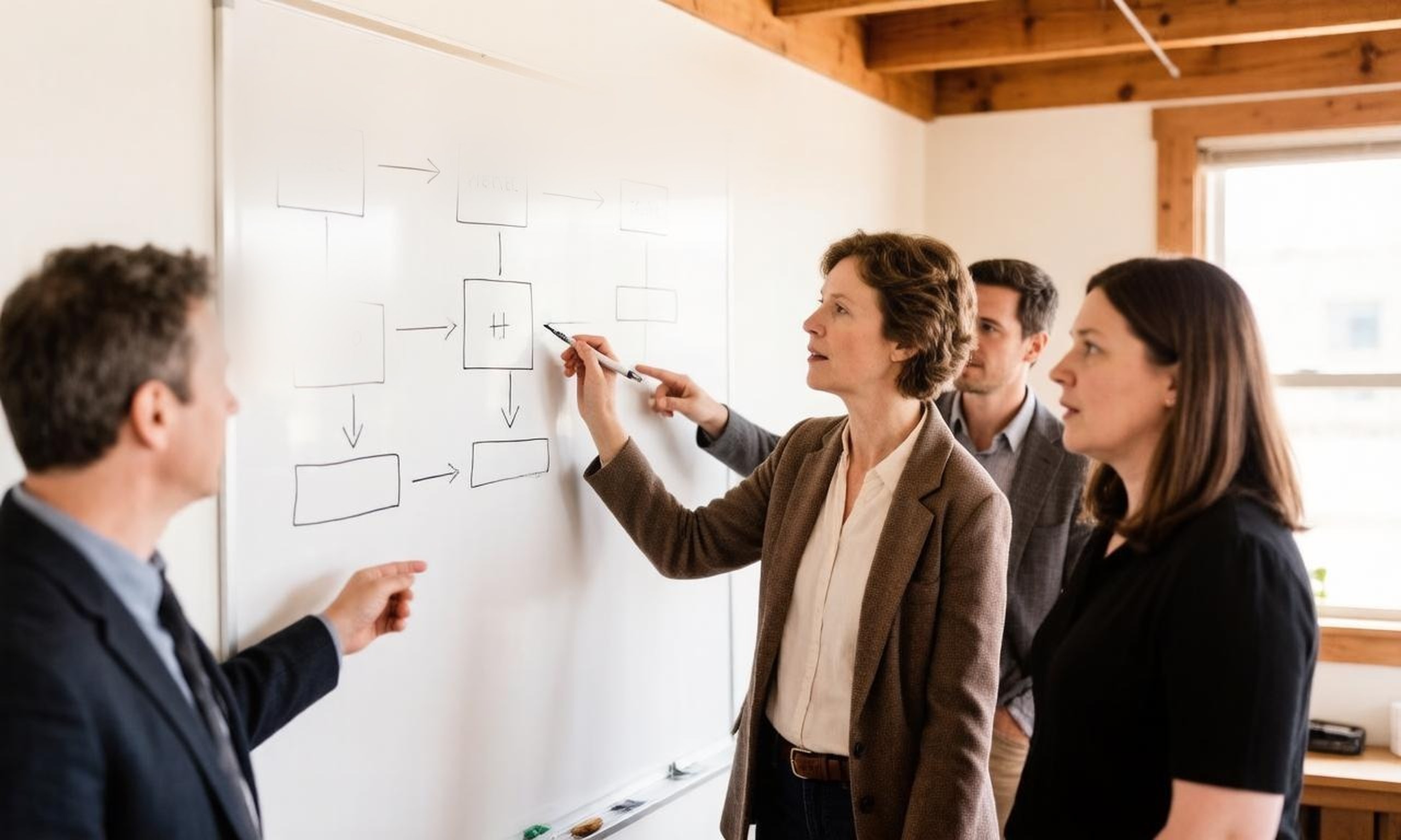 A consultant and a small business team documenting a workflow together on a whiteboard