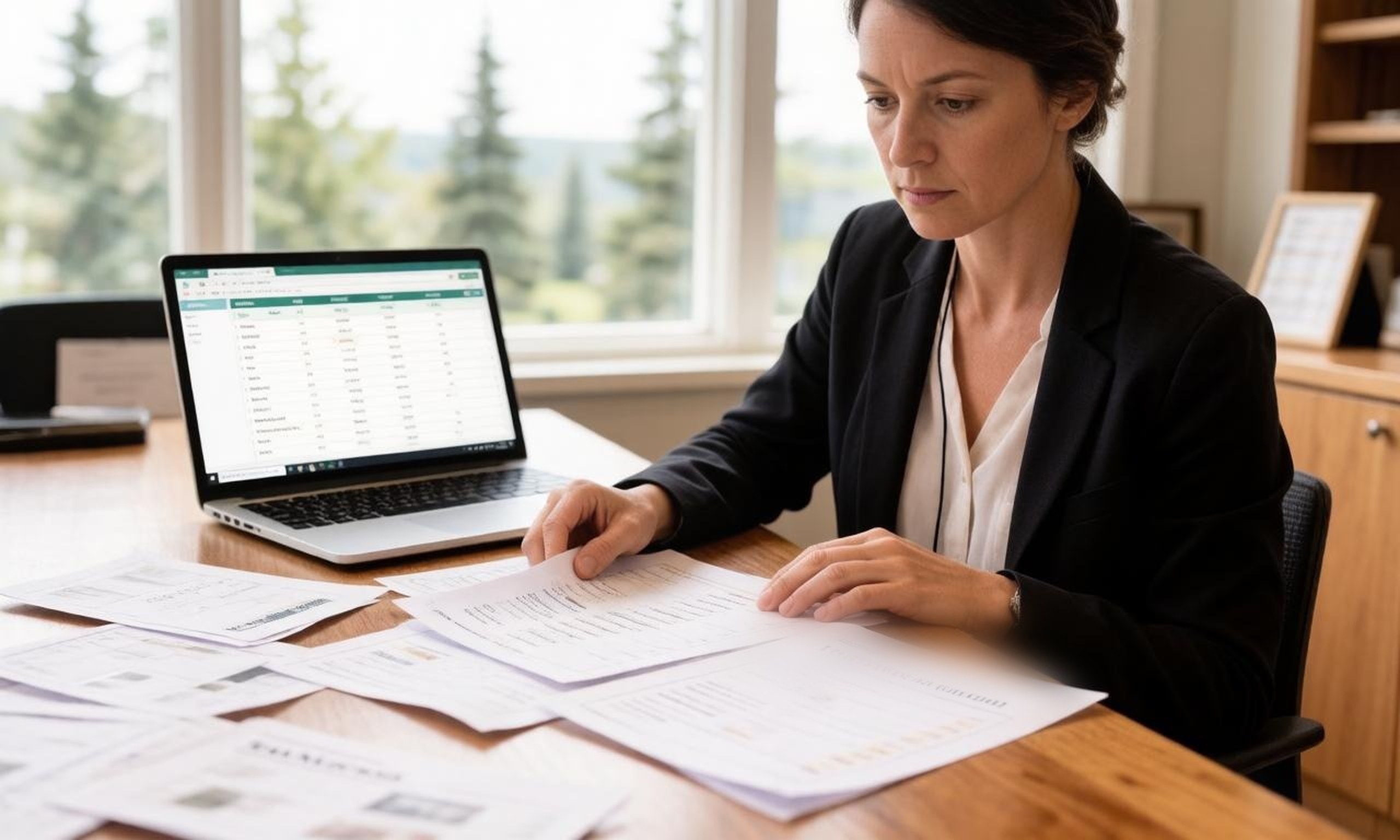 Real estate agent reviewing property listing sheets and a market analysis report at her desk