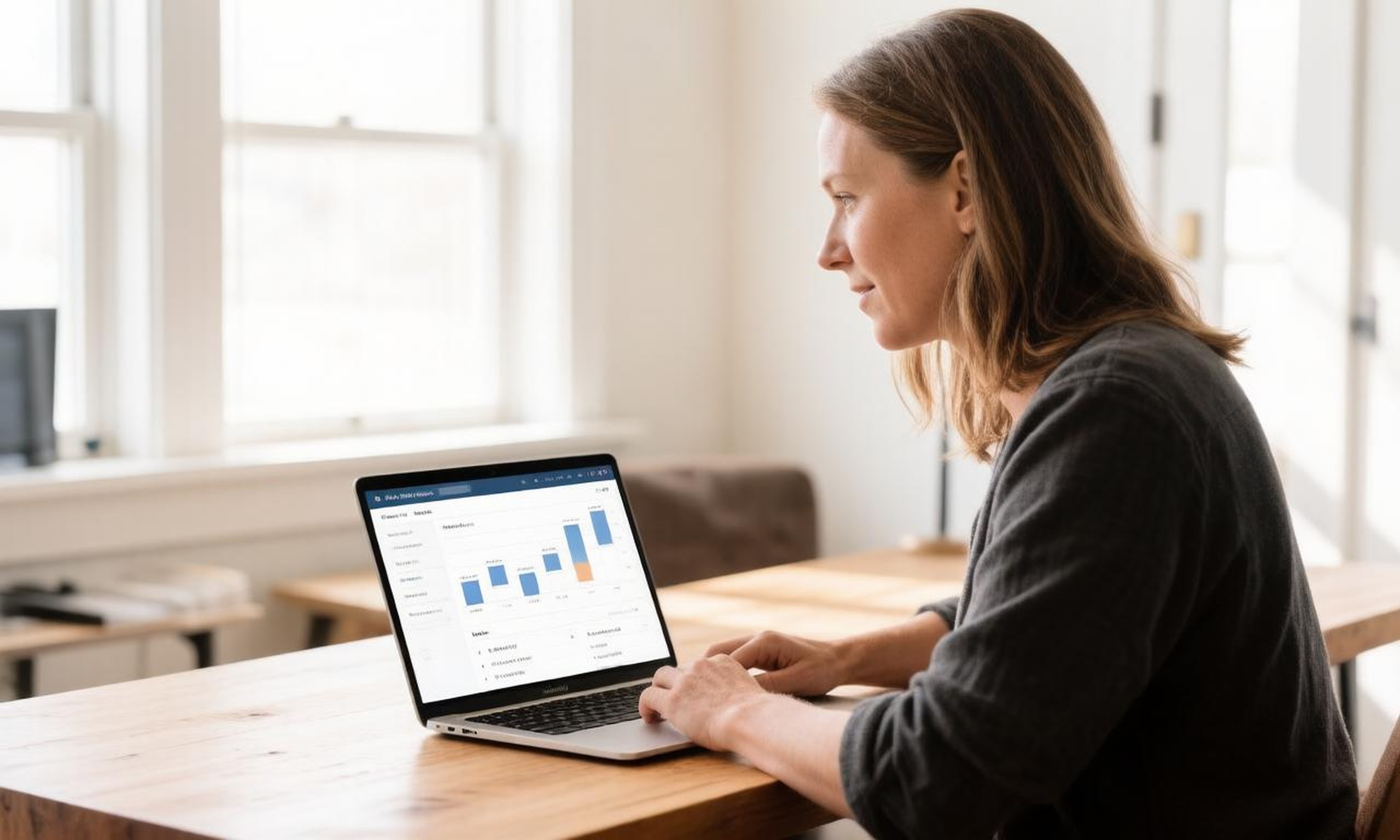 A business owner reviewing an AI search visibility dashboard on a laptop