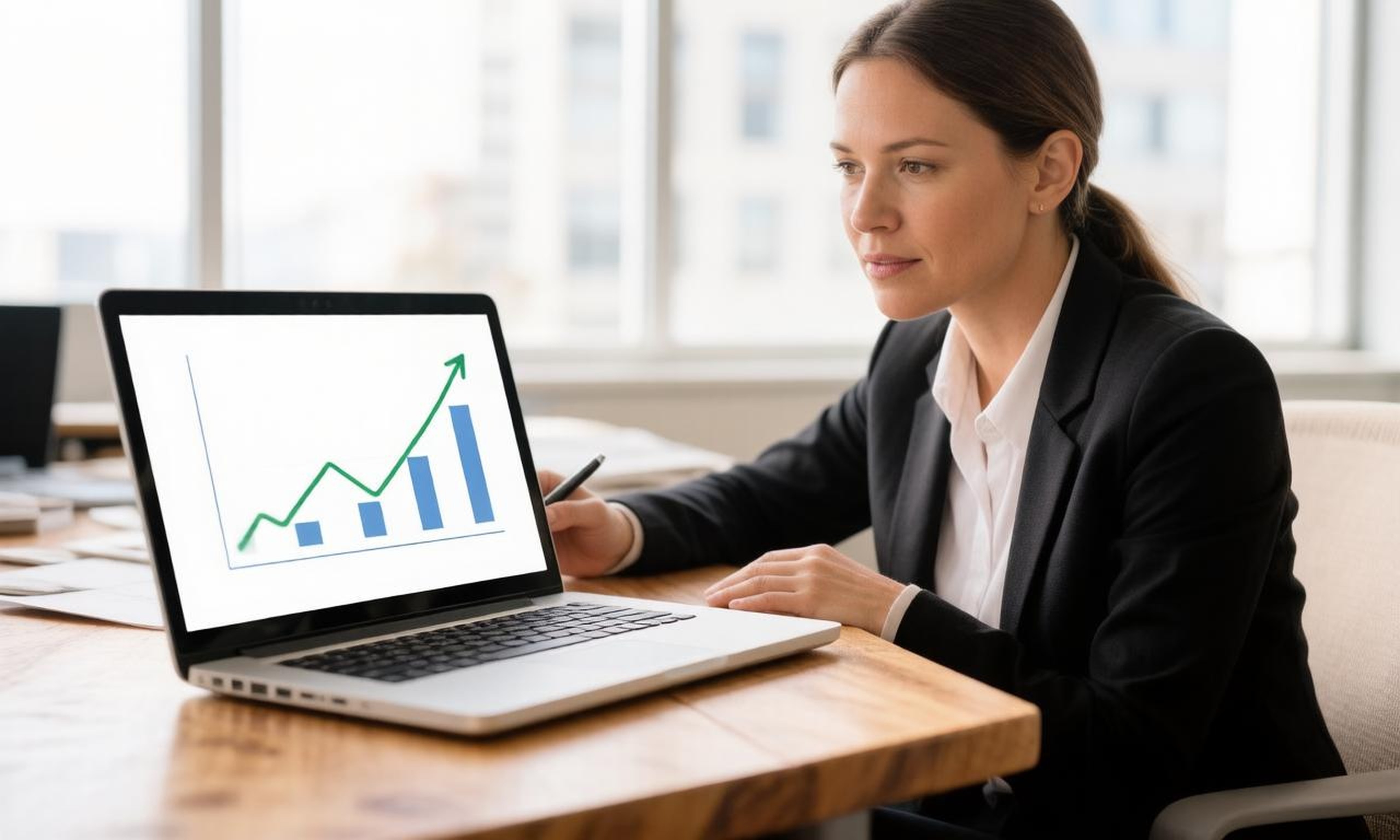 A business owner reviewing a growth chart on a laptop at a wooden desk