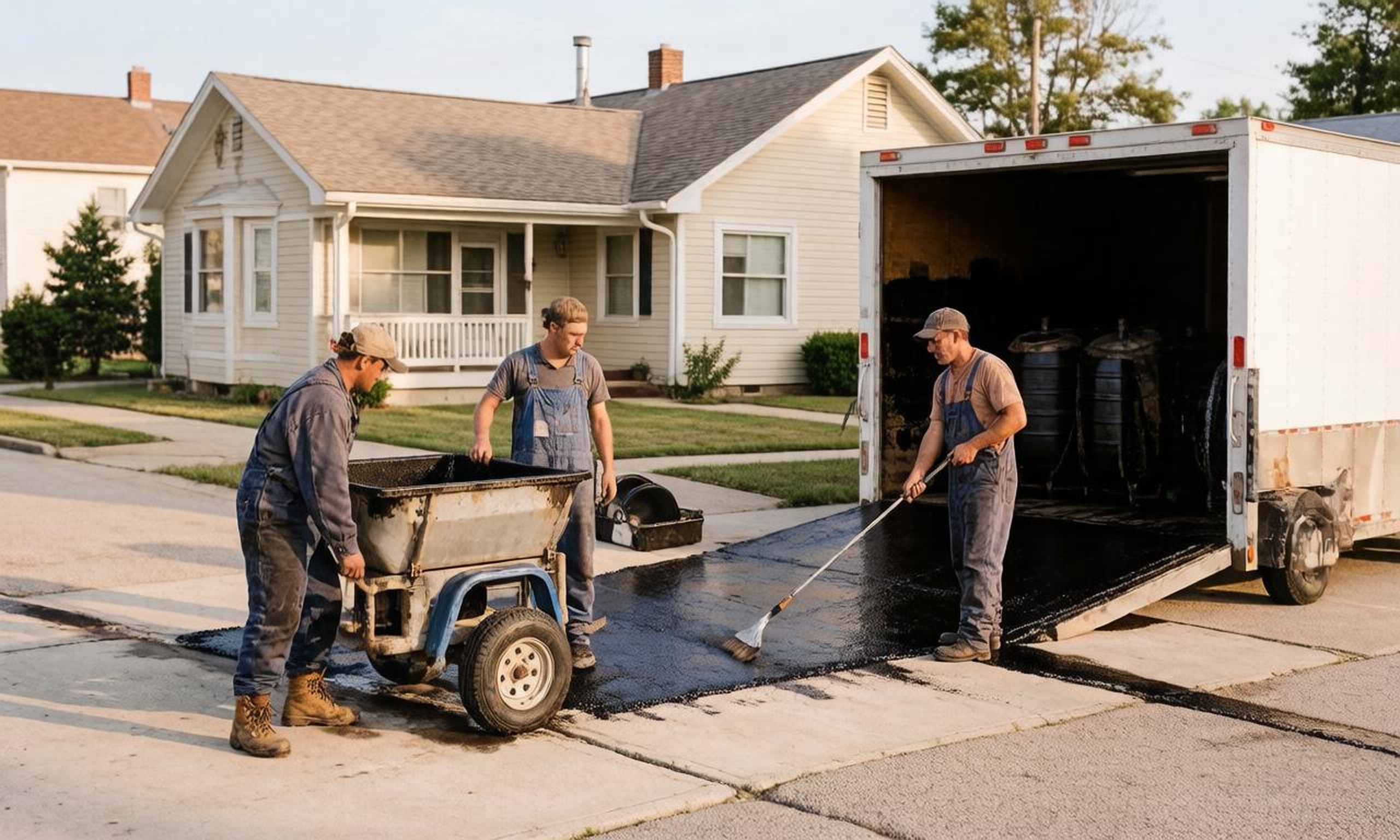 Sealcoating crew applying sealcoat to a residential driveway in Northern Michigan