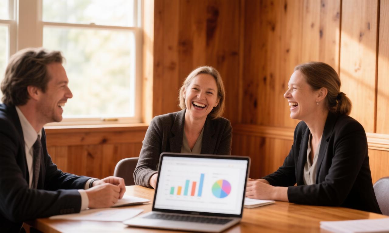 An AI consultant presenting a business growth dashboard to a small business owner