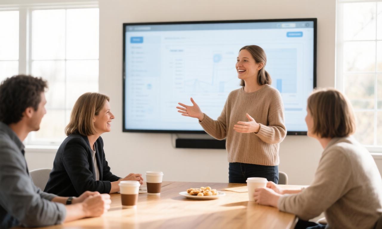 A presenter leading a lunch-and-learn AI training workshop for a small group