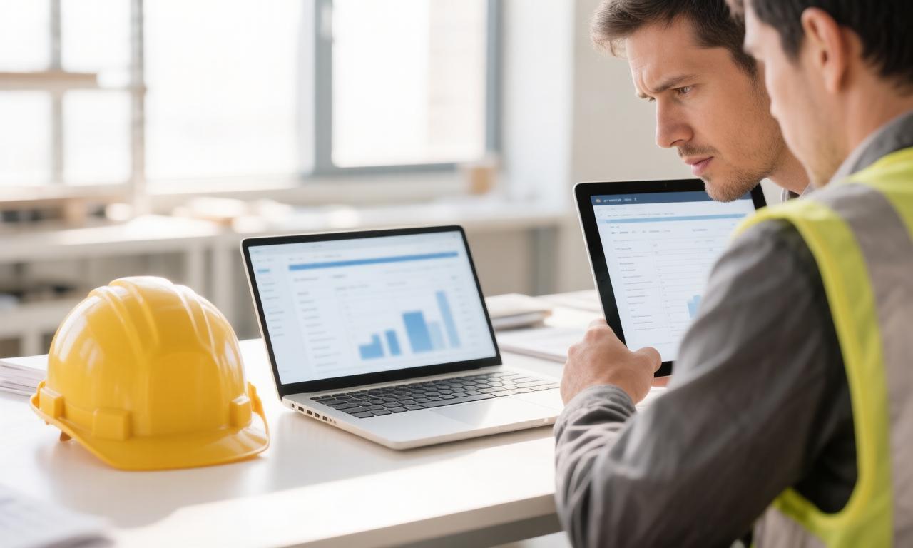 A professional reviewing project update content across a laptop and tablet next to a construction hard hat
