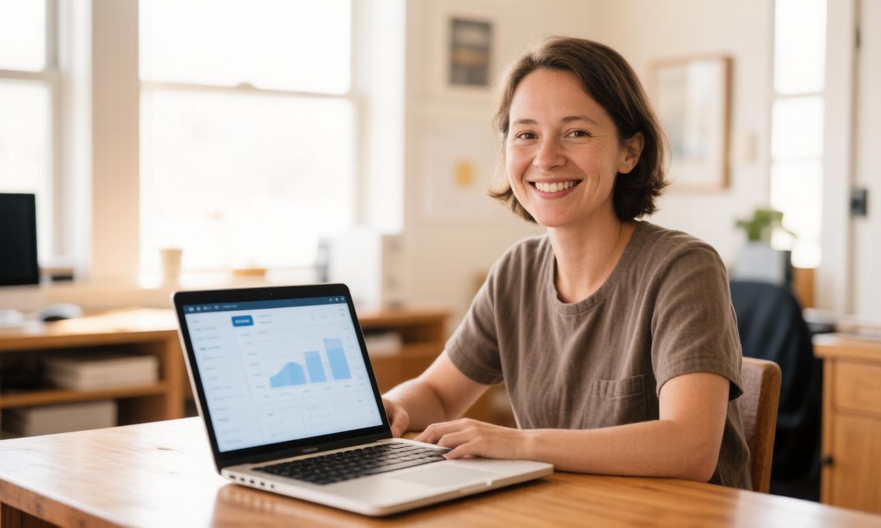 An employee using a custom AI assistant on a laptop at a small-business office desk