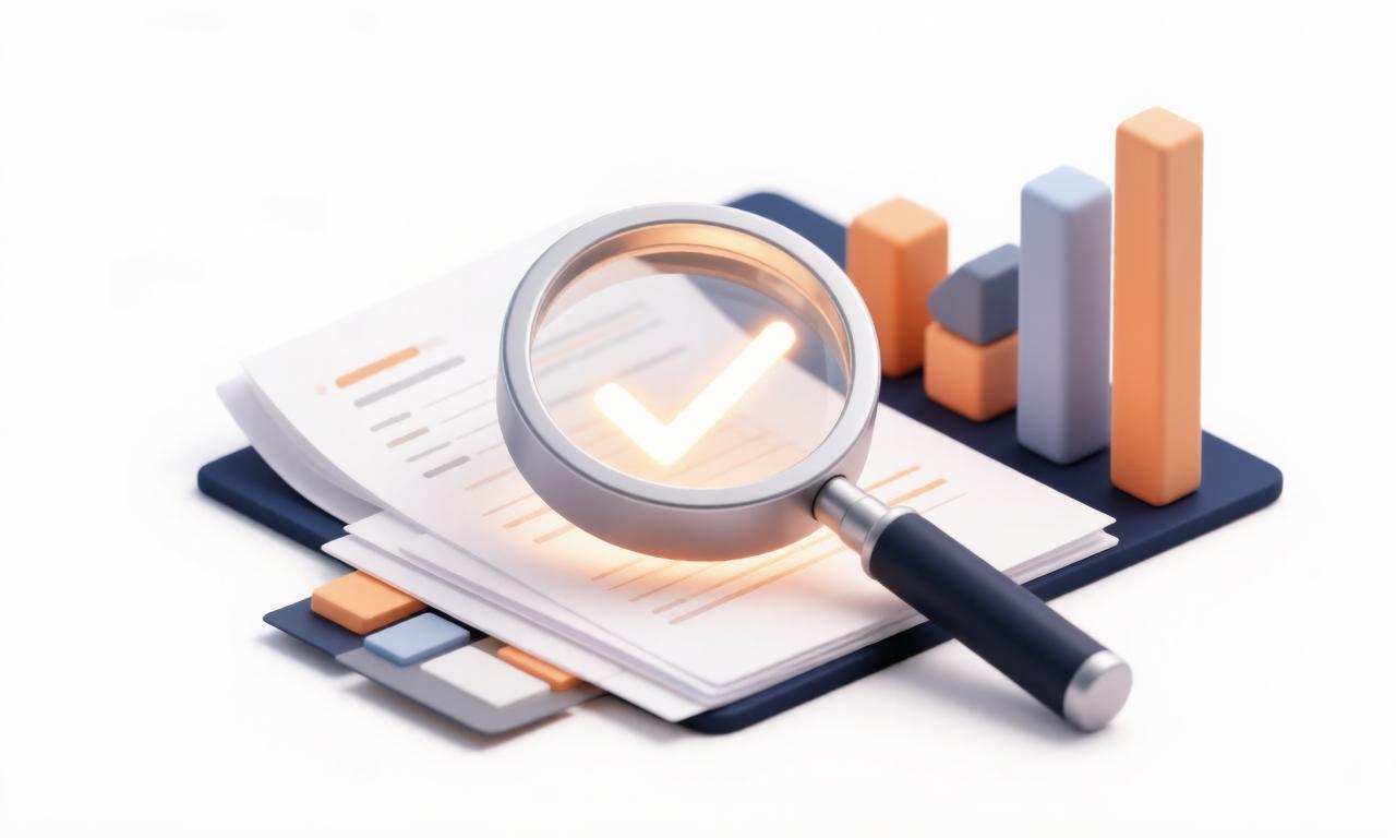 A 3D illustration of a magnifying glass revealing a checkmark over business documents and a bar chart, representing process diagnosis