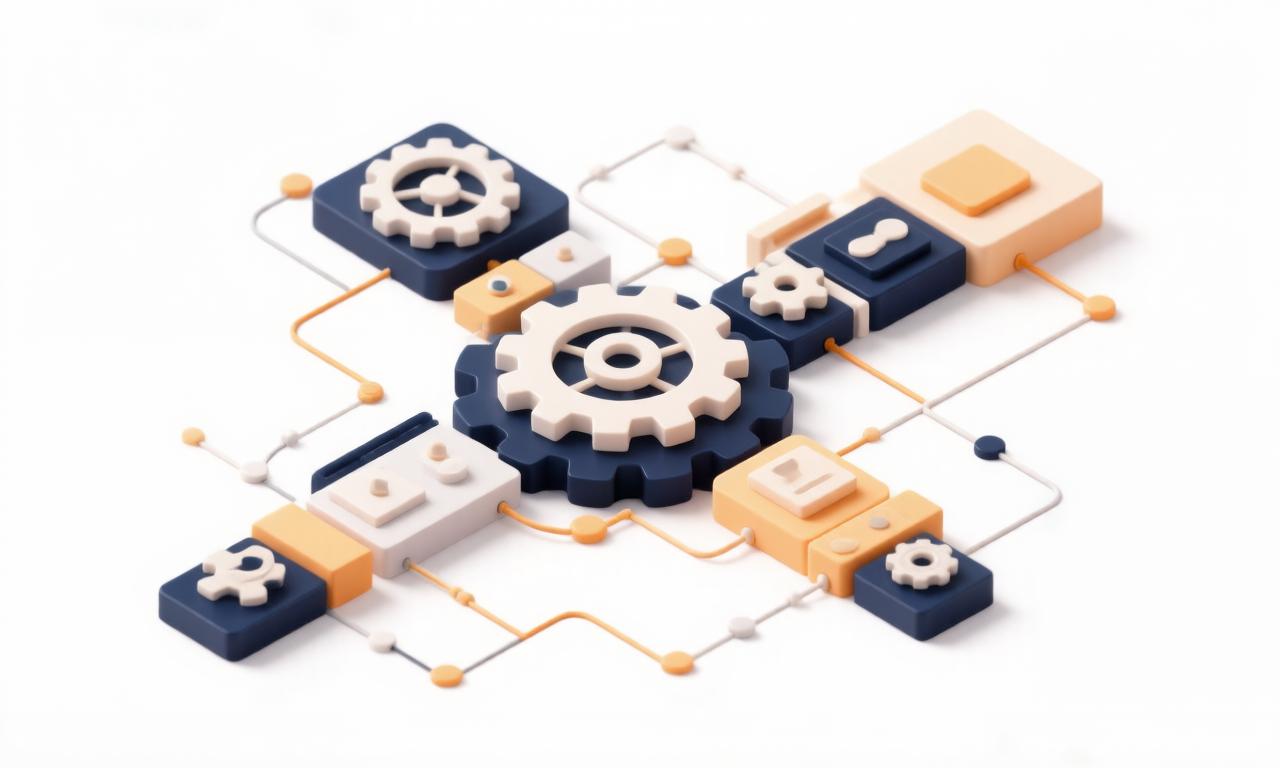 A 3D illustration of interlocking gears and connected workflow blocks, representing process systematization
