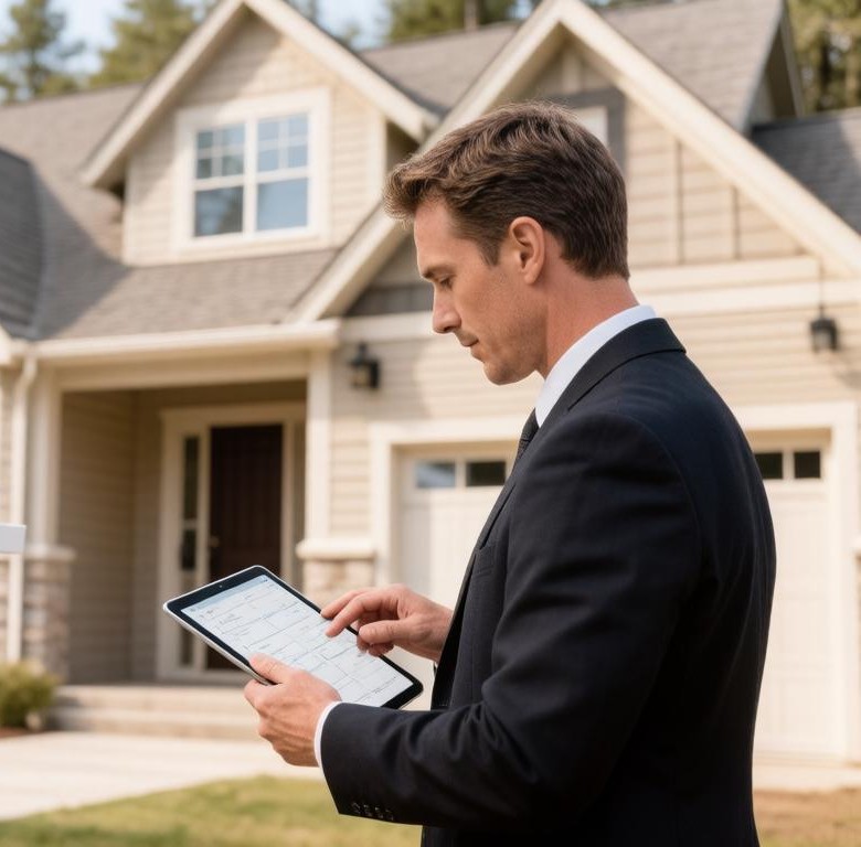 A real estate agent reviewing listing details on a tablet in front of a Northern Michigan home