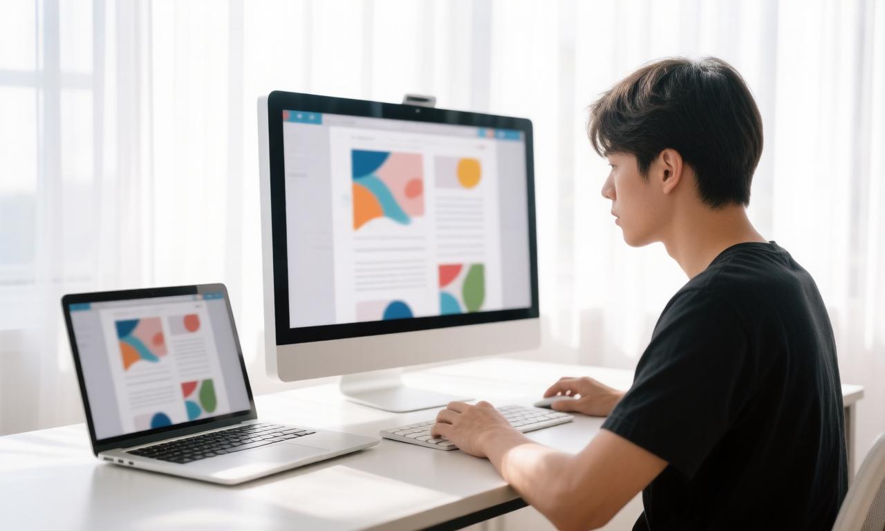 A web designer reviewing a modern website mockup on a large monitor