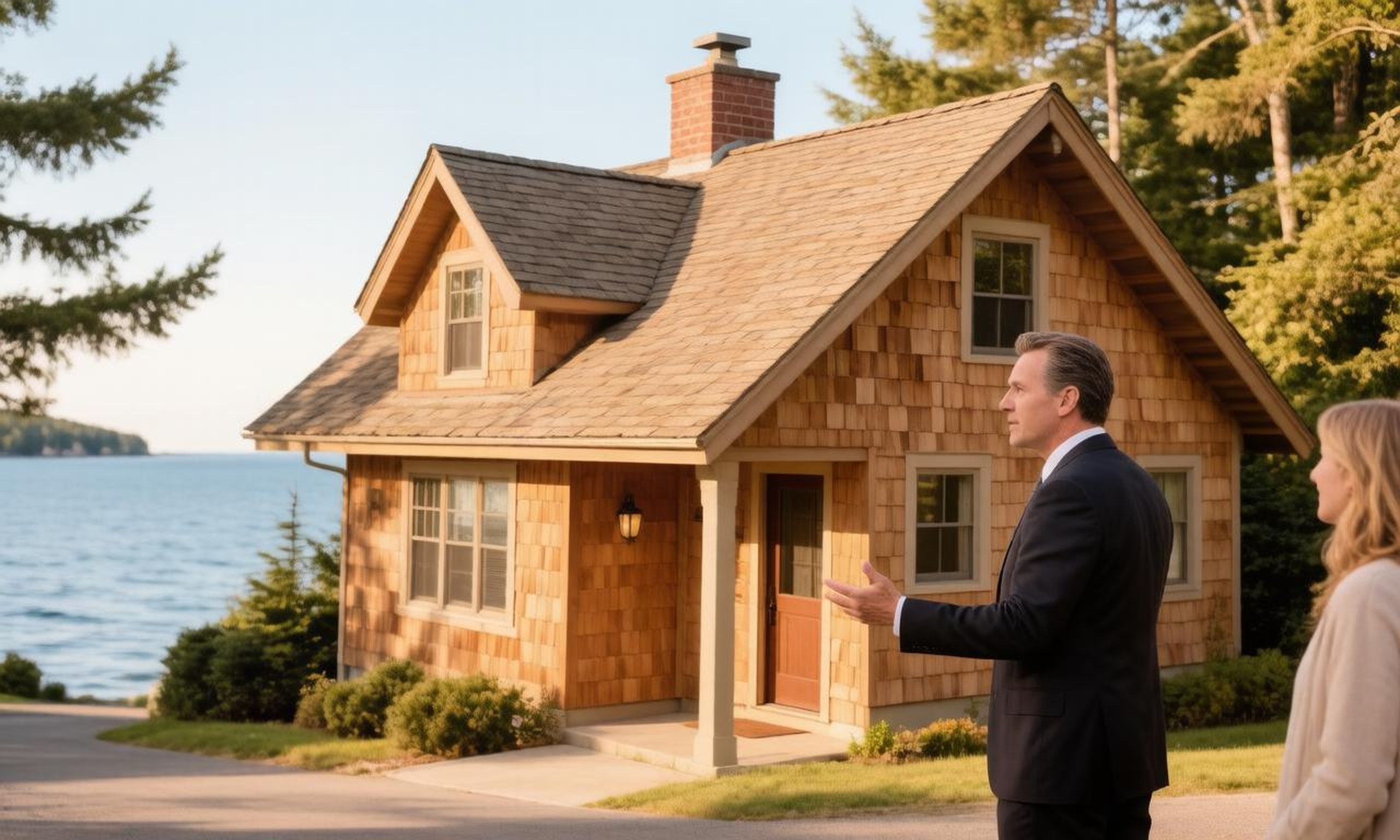 A real estate agent showing a lakeside cottage near Grand Traverse Bay to a client