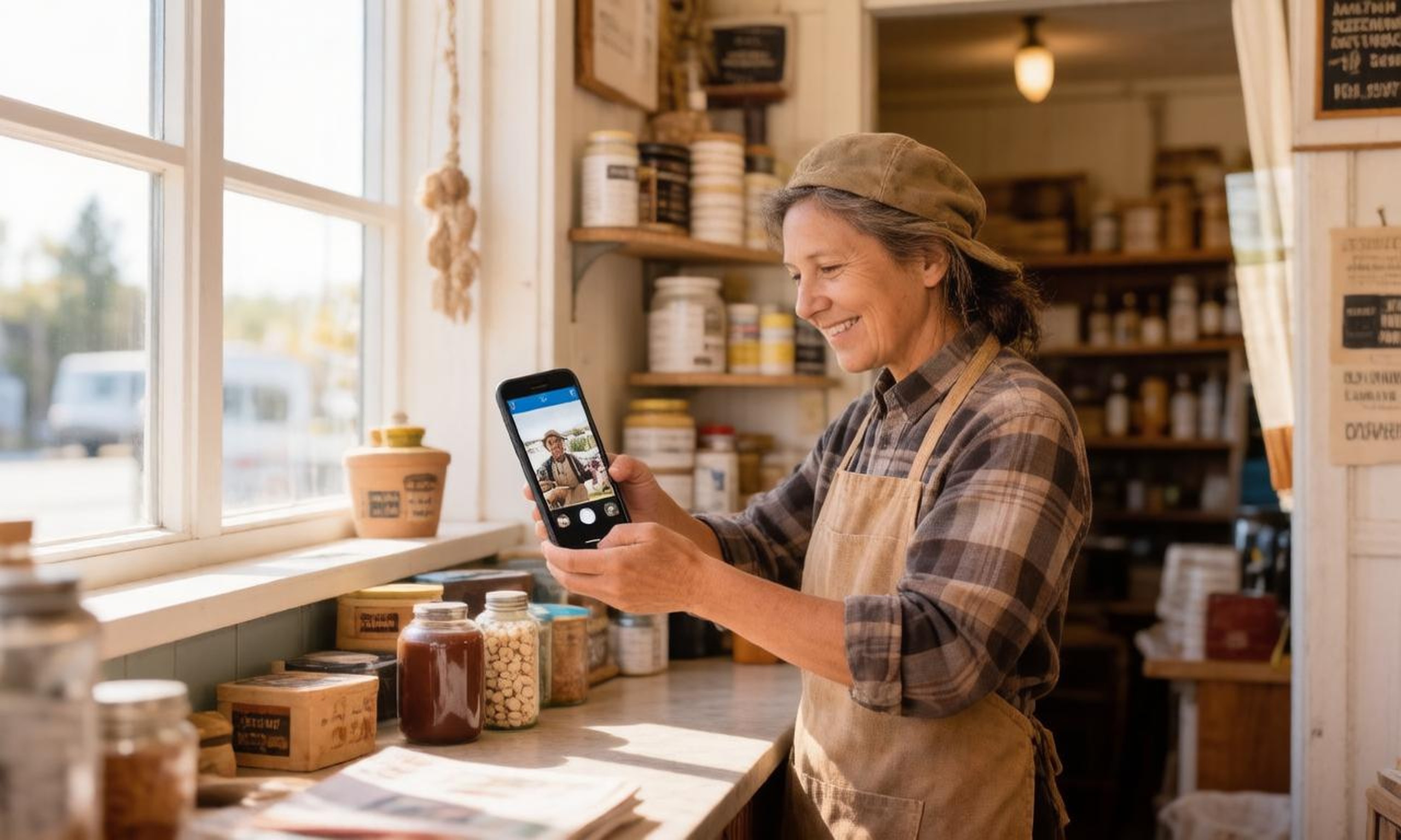 A small shop owner texting a photo update from behind the counter of her Northern Michigan storefront